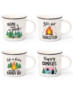 PRICES MAY VARY. GREAT COFFEE MUG SET - This camp-style ceramic mug set is perfect for enjoying your morning coffee or cool nights around the campfire. It also makes an excellent gift for your friends or family on birthdays, mother's day, holidays, housewarmings, etc. IDEAL FOR ALL BEVERAGES - Package includes 4pcs 10oz ceramic mugs, which measure 3.4"L x 3.1"W x 3.1"H. This 10oz. capacity ceramic mugs with a black rim and a comfortable C-handle grip is perfect for coffee, tea, and hot chocolate Cups For Coffee, Best Travel Gifts, Coffee Mug Set, Cool Campers, Camp Style, Camping Lovers, Tea Milk, Camping Coffee, Nursery Furniture Sets