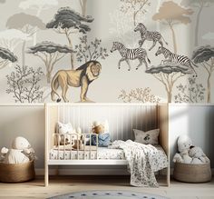 a baby's room with zebras and lions on the wall