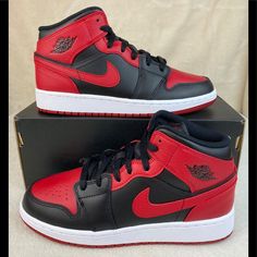 Reposhing This Item I Purchased From @Aaroncortez178. Loved It, But Ready To Rotate For Something New. Questions? Leave A Comment Below! Basket Jordan, Jordan 1 Mid Banned, Jordan 1 Red, Air Jordan Red, Red And Black Outfits, Black Nike Shoes, Nike Fashion Shoes, Black Jordans, Nike Air Jordan 1 Mid