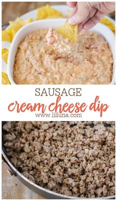 sausage and cream cheese dip in a white bowl