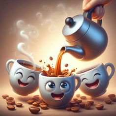 coffee being poured into two cups with faces drawn on them, and beans scattered around