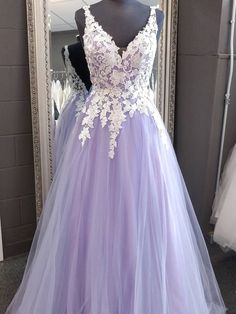 A Line V Neck Backless Lace Purple Long Prom Dresses, Purple Lace Formal Graduation Evening Dresses Light Purple Wedding Dress Lavender, Purple Wedding Dress The Bride, Purple Wedding Dresses, Wedding Dresses Aesthetic, Prom Dresses Purple, Blue Lace Prom Dress, Wedding Crochet, Lace Prom Dresses, Lavender Dress