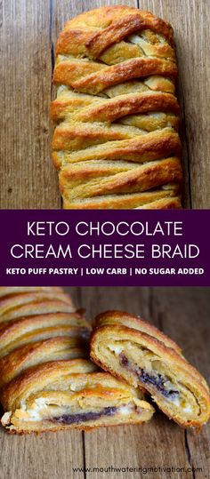 Keto Chocolate Cream Cheese Braid. A beautiful golden crust, braided keto puff pastry filled with a delicious cream cheese and chocolate mixture. This is how you truly WOW guests with this keto dessert. #ketobreakfast #lowcarbbreakfast #ketodessert #ketopastry #lowcarbdessert Keto Chocolate Cream Cheese, Cream Cheese Braid, Keto Lasagna, Diet Breakfast Recipes, Healthy Lunchbox, Recetas Keto, Chocolate Cream Cheese