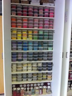 the shelves are filled with many different colored cups and containers, all organized in one compartment