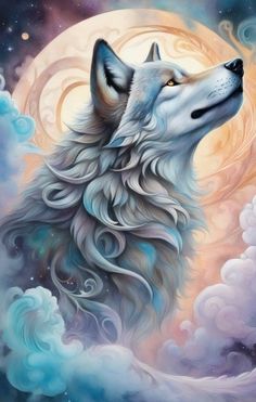 a painting of a wolf in the sky