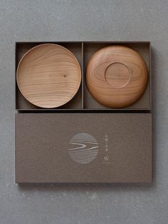 three wooden plates in a box on a table