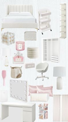 a collage of white furniture and accessories in pastel colors, including bedding