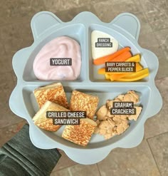 a person holding a plate with different types of food on it, including crackers and yogurt