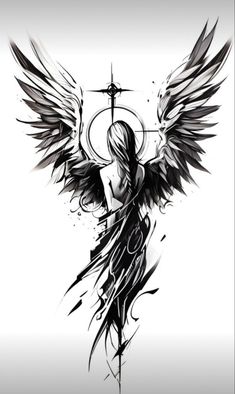 a black and white drawing of an angel on a cross with wings flying around it