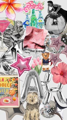 a collage of various items including balloons and flowers