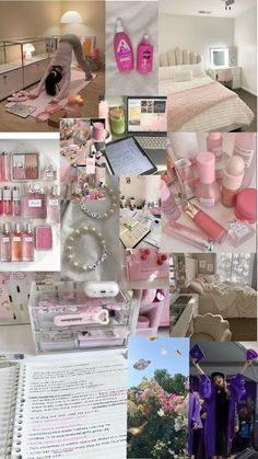 a collage of pink and white pictures with lots of things in them, including shoes