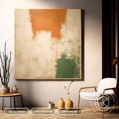 an abstract painting hangs on the wall next to a chair and table with potted plants