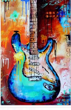 an abstract painting of a blue guitar