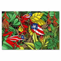 a painting of red, white and blue frogs in the jungle with tropical plants on either side