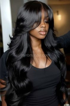 Frontal Fringe Bangs, Women In Wigs, Bangs Sew In Black Women, Layered Wig Hairstyles For Black Women, Wig Aesthetic Black Women, Layered Bob Wig Black Women, Long Hair Weave Styles For Black Women, Curls With Layers Black Women, Fringe Sew In Weave