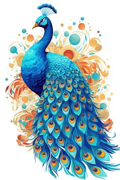 a peacock with colorful feathers on it's tail and an orange, blue, and yellow background