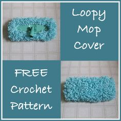 three pictures showing how to make a crochet mop cover with free pattern