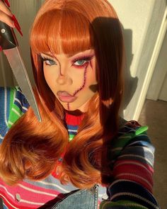 Clown Custome Women Halloween, Chucky Glam Makeup, Halloween Y2k Costumes, Halloween Makeup With Red Hair, Chunky Makeup Halloween, Easy Chucky Makeup, Chucky Face Makeup, Cool Halloween Makeup Creative, Orange Hair Costume Ideas