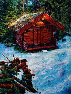 a painting of a cabin in the woods with snow on the ground and logs piled up