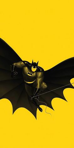 a batman flying through the air with his caped and mask on, in front of a yellow background