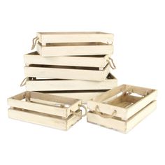 four white wooden boxes with handles on each side and one is holding two smaller ones