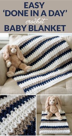 an easy crochet baby blanket is shown with the words, easy done in a day