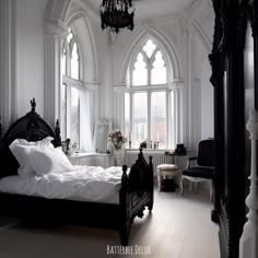 an ornate bedroom with white walls and wood flooring is pictured in this black and white photo