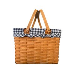 a brown basket with a blue and white checkered bow on the handle is sitting in front of a white background