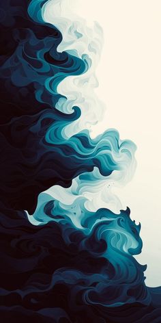 an abstract painting with blue and white waves