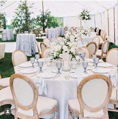 the tables are set with white and gold linens for an elegant wedding breakfasteon