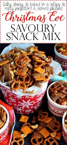 christmas eve savory snack mix in red and white bowls with text overlay