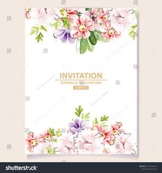 an elegant wedding card with pink and purple flowers on the white background stock photo edit