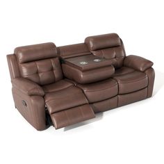 a brown leather reclining sofa with a coffee table on the back end and two seats facing each other