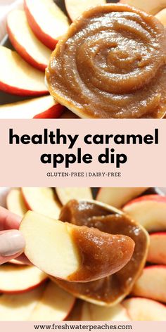 healthy caramel apple dip with apples in the background and text overlay that reads, healthy caramel apple dip