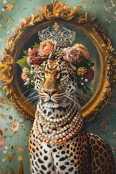 a painting of a leopard with flowers on its head and pearls around it's neck