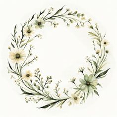 a watercolor drawing of a wreath with flowers and leaves on the front, in white background