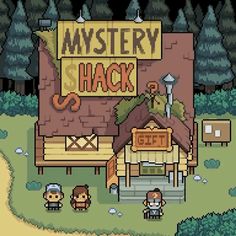 an image of a pixel style house with the words mystery shack in front of it