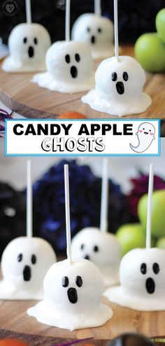 candy apples with ghost faces on them and the words candy apple ghosts written in white