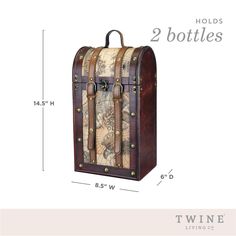 a wooden trunk with two bottles on top and the measurements for each piece in it