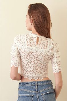 Summer Lace Trim Cropped Crop Top, Lace Trim Cropped Top For Summer, Cropped Lace Trim Crop Top For Summer, Summer Lace Patchwork Short Sleeve Top, Summer Lace Crop Top With Lace Trim, Fitted Lace Patchwork Top With Short Sleeves, Feminine Lace Top With Lace Trim For Day Out, Lace Trim Cropped Top For Day Out, Lace Patchwork Short Sleeve Top