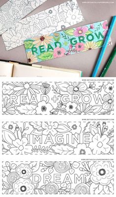 coloring pages with the words imagine and flowers on them, including pencils and markers