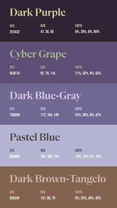 the different font styles and colors for each type of text, including dark purple, blue - gray, pastel brown - tangelo