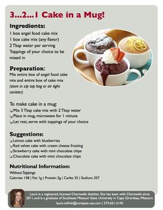 an advertisement for cake in a mug with information about the ingredients and how to use it