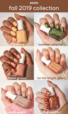 introducing the essie fall 2019 collection of six autumn nail polish shades. clockwise from top left: 'hay there', a buttery yellow with red undertones; 'sweater weather', an intense forest green shimmer; 'on the bright cider', a warm creamy caramel; 'rust-worthy', a metallic burnt orange; 'easily suede', a cozy gray with taupe undertones; and 'home grown', a golden peach pearl. Essie On The Bright Cider, Essie Rust Worthy, Essie Sweater Weather, Autumn Nail Polish, Nail Polish Shades, Fall Nail Polish, Creamy Caramel, Autumn Nail