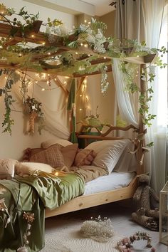 a bed with lots of plants hanging from it's sides and lights on the ceiling