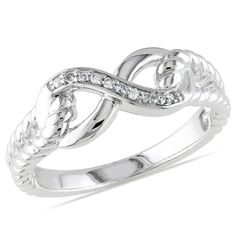 Celebrate your infinite love with this exquisite fashion ring. Crafted in sleek sterling silver, the eye is drawn to the diamond-lined infinity symbol at the center of the style. Looping rope-textured ribbons embrace the symbol, creating the ring's shank. Captivating with 1/20 ct. t.w. of diamonds, this ring is finished with a polished shine. This ring is available in select sizes only. Sterling silver rings cannot be resized after purchase. Silver Infinity Ring, Infinity Diamond Ring, Rope Ring, Rope Rings, Infinity Ring, Women Diamond, Silver Diamonds, Sterling Ring, Ring Designs