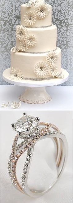 a wedding cake with flowers on top and a diamond ring in the middle, as well as an image of a bride's dress