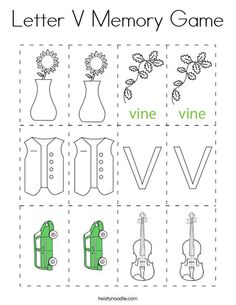 the letter v memory game with flowers and violin