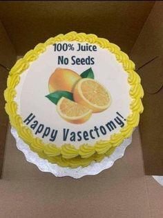 there is a cake that has been decorated with oranges on it and the words happy vasectomi