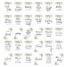 wedding place cards with greenery on them, and the names of each guest's guests